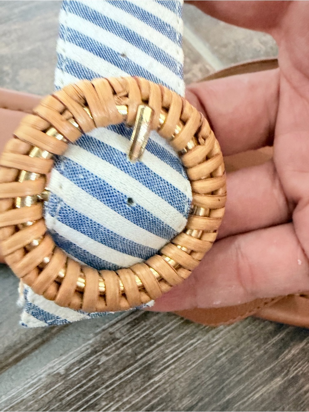 Talbots Tan Leather Slide with Blue Striped Fabric Strap
